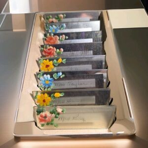 VTG 1930s Mirror PLACE CARDS Flowers Set Of 8 For Bridge Perpetual Use Orig Box